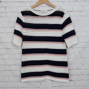 Boden Striped Sweater Crochet Scalloped Open Knit Navy Blue Pink XS